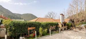a hedge in front of a house with a garden at Kalavrita Winter Retreat - Homely Spacious Chalet in Áno Vlasía