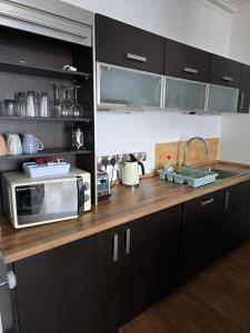a kitchen counter with a microwave and a sink at Beautiful Seafront 1 bedroomed apartment in Aberystwyth