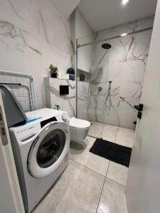 a bathroom with a washing machine and a toilet at Brianza Home in Giussano
