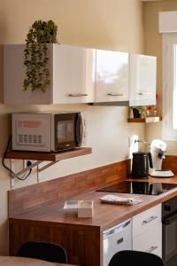 a kitchen with a counter top with a microwave at Le Repère du Douanier - Séjour pro, calme et cosy in Mayenne +14 photos