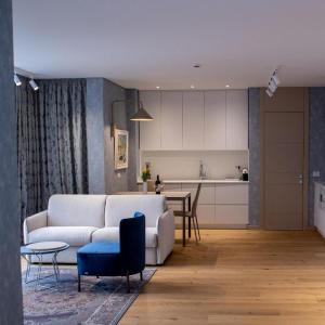 un salon avec un canapé blanc et une cuisine dans l'établissement Luxury Properties Tirana - rruga Elbasanit, à Tirana