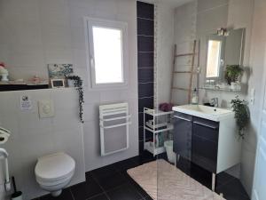a bathroom with a toilet and a sink at Maison chaleureuse au calme in Domérat
