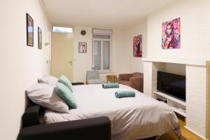 a bedroom with a large bed and a fireplace at La POP HOUSE, Netflix, Wi-Fi Fibre, 6 couchages in Amiens