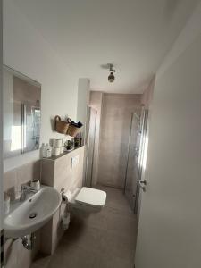 a bathroom with a sink and a toilet and a shower at FeWo Foorden Wohnglück 4 in Hesel