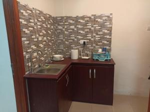 a kitchen with a sink and a tile wall at Adelpha Properties,Abelenkpe accra in Abofu +1 photo