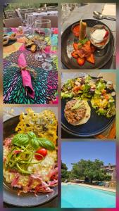 un collage de photos de nourriture et un pool dans l'établissement Chambre d'hôtes et de charme, à Labeaume
