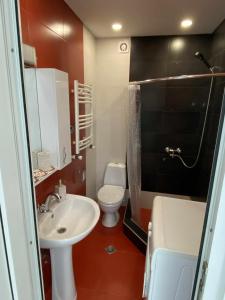 Un baño con lavabo, inodoro y ducha. en Wonderful View, en Tiflis
