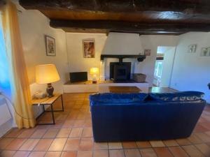 a living room with a blue couch and a fireplace at Gîte de Linas in Comprégnac