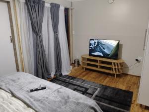 a bedroom with a bed and a flat screen tv at The Man Cave Extension in Sabie