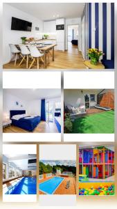 un collage de photos d'une maison avec une piscine dans l'établissement Apartament 3B Niebieskie Apartamenty z basenem krytym, odkrytym, salą zabaw, animacjami, à Poddąbie