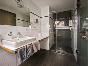 une salle de bain avec un lavabo et une douche dans l'établissement Birkhofer See genießen - Aparthotel am Bodensee, à Immenstaad am Bodensee 87 autres photos