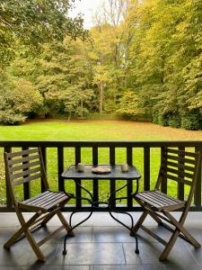 カッセルにあるLes gîtes du Tilleul de Casselの公園が見えるポーチにテーブルと椅子2脚