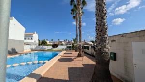 Una piscina con una palmera al lado de un edificio. en Casa Isabel in El Verger, en El Verger