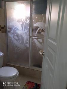 a bathroom with a glass shower with a toilet at Don Carlos Recidencia in Camarón +13 photos