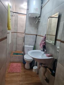 a bathroom with a sink and a toilet and a mirror at Своя смарт квартира подобово Вокзальная in Kharkiv +5 photos
