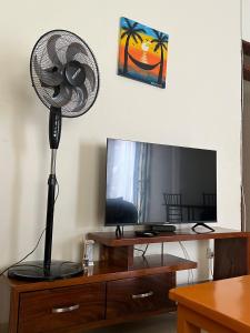 a room with a fan and a television at Karma Homes in Buye