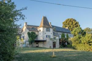 une maison ancienne avec une tourelle sur une pelouse dans l'établissement La maison de Louise, à Colombiès