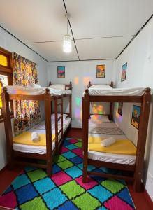 2 literas en una habitación con alfombra en The bunker Hostal - Ella Srilanka, en Ella