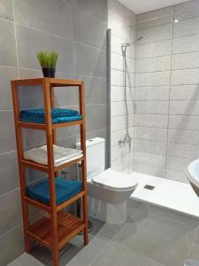 a bathroom with a toilet and a sink and a shower at T2 Moliceiros Torreira vista Ria in Torreira +29 photos