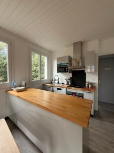 cocina grande con encimera de madera en L’Albizia, en La Tranche-sur-Mer