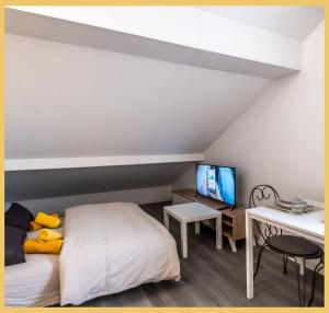 ein Schlafzimmer mit einem Bett, einem Schreibtisch und einem Fernseher in der Unterkunft Chez Julien I Studio I Etrembières in Étrembières