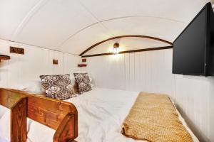 ein Schlafzimmer mit einem Bett und einem Flachbildfernseher in der Unterkunft Stag Shepherds Hut in Hartfield