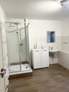 een badkamer met douche en wastafel bij Haus am Bach in Schleiden