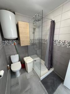 ein Badezimmer mit Toilette und Glasdusche in der Unterkunft Appartement proche de la plage in Gravelines