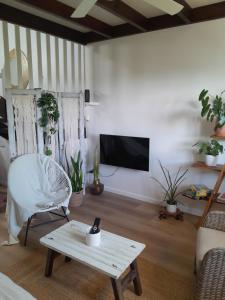 a living room with a couch and a table and a tv at L'Empreinte by LONBRAZ VOLKAN in Saint-Philippe
