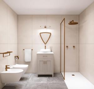 a bathroom with a sink and a toilet and a mirror at Hotel Livata Mountain & Wellness in Subiaco