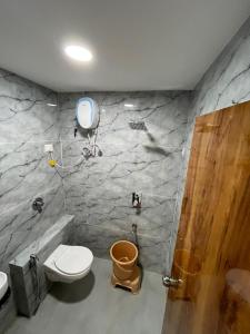 a bathroom with a toilet and a shower at Hotel Golden Park in Ahmedabad