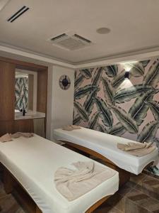 a bedroom with two beds and a wall with a mural at Caesar Blue Resort & Spa apartment D10 in Kalecik