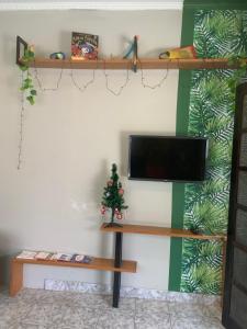 a living room with a tv and a christmas tree on a wall at Cantinho bora praia Boraceia in São Sebastião