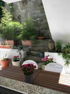 a patio with two chairs and a table and some plants at Vegan Pátio - Douro e Ribeira in Bandeira