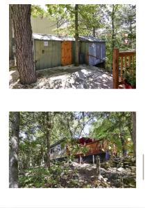 two pictures of a house in the woods at Cozy Lake Cabin in Eagle Rock