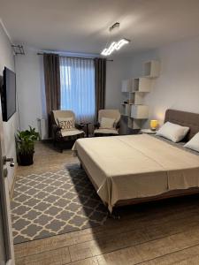 a bedroom with a large bed and a living room at Ingrid Residence in Ocna-Mureşului