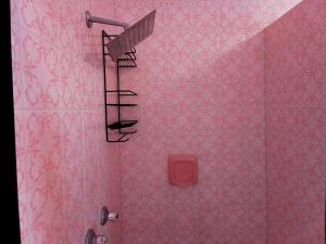 a bathroom with pink wallpaper and a shower with a spiral staircase at Aquasaints Guest Lodge in Johannesburg +56 photos