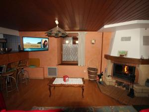 a living room with a fireplace and a tv at Appartement cosy au cœur de Vagney, proche commerces et sentiers, terrasse et cheminée, à 15km Gérardmer - FR-1-589-304 in Vagney