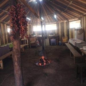 a room with a fire in the middle of a building at Nahuelbuta Domo y Turismo Rural in Angol