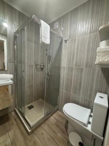 a bathroom with a shower and a toilet and a sink at Casa do Aviador in Relva +66 photos