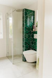 a bathroom with a toilet and a green tiled wall at Vakantiehuisje met ruime tuin en hottub in Ouddorp +30 photos