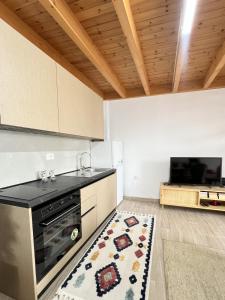 a kitchen with a stove and a kitchen rug at Vila Hysaj in Kamëz