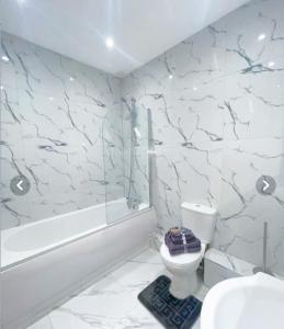 a bathroom with a toilet and a tub and a sink at The Felix Apartments in Flitwick +24 photos