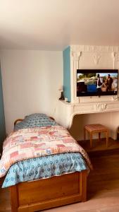 a bedroom with a bed with a tv on the wall at Appartement studio TV avec Netflix - canal série - apple TV - OCS - Dazen - bein sport in Nancy +24 photos