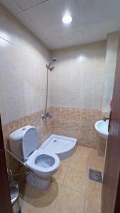 a bathroom with a toilet and a sink at فندق البارون الذهبي in Az Zāhir