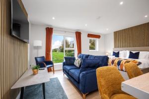 a living room with a blue couch and a bed at Cherry Lodge by Escape Ordinary in Coleraine
