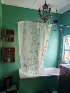 a bath tub with a shower curtain in a bathroom at Kondensmelk in Parys