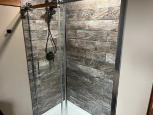 a shower with a glass door in a bathroom at Ellison Funny Farm in Barrière +12 photos