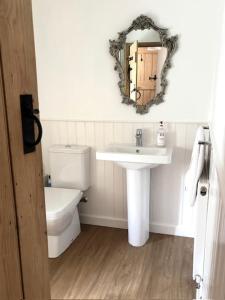 a bathroom with a sink and a toilet and a mirror at Havelock Cottages in Oundle +13 photos