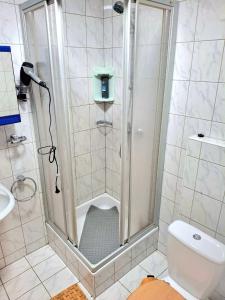 a shower with a glass door in a bathroom at Family Apartment Tauchen 8 in Mönichkirchen